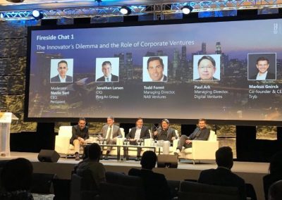 Navin moderating fireside chat with Jonathan Larsen (Ping An), Todd Forest (NAB Ventures), Paul Ark (DV) & Markus Gnirck (Tryb) at the MAS EY Investor Deal Day